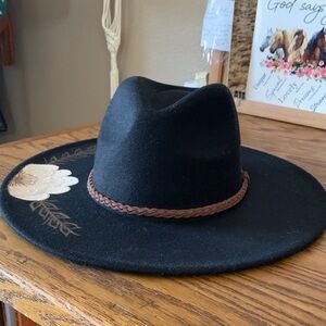 WESTERN Style Black Hand Painted Floral Hat Adjustable Size